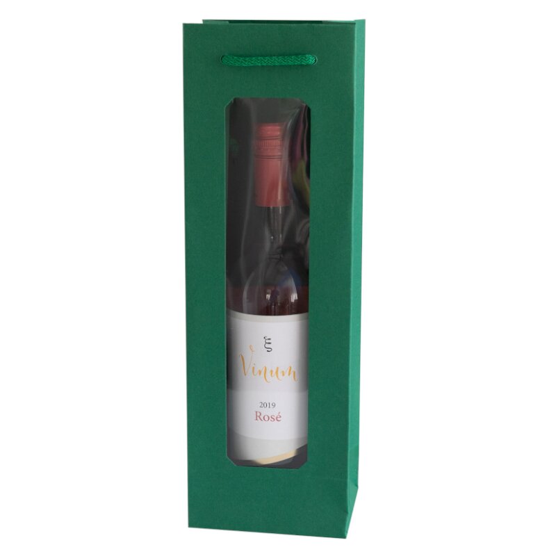 10 x Geschenktüte mit Fenster 'Smaragdgrün' für 1 Flasche 370 x 120 x 90