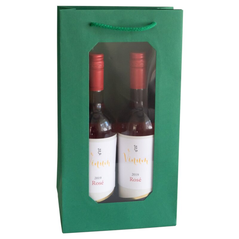 10 x Geschenktüte mit Fenster 'Smaragdgrün' für 2 Flasche 370 x 200 x 10