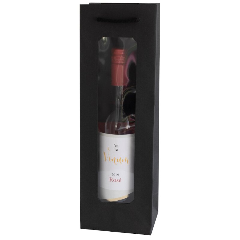 10 x Geschenktüte mit Fenster 'Schwarz' für 1 Flasche 370 x 120 x 90 mm