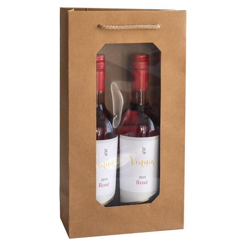 10 x Geschenktüte mit Fenster 'Natur' für 2 Flasche 370 x 200 x 100 mm
