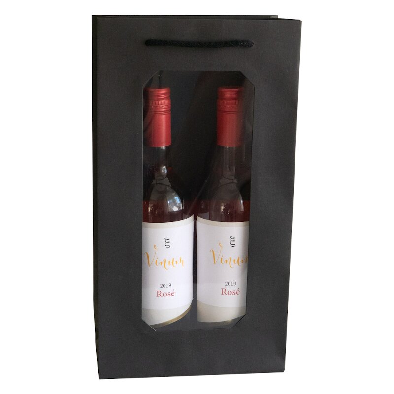 10 x Geschenktüte mit Fenster 'Schwarz' für 2 Flasche 370 x 200 x 100 mm
