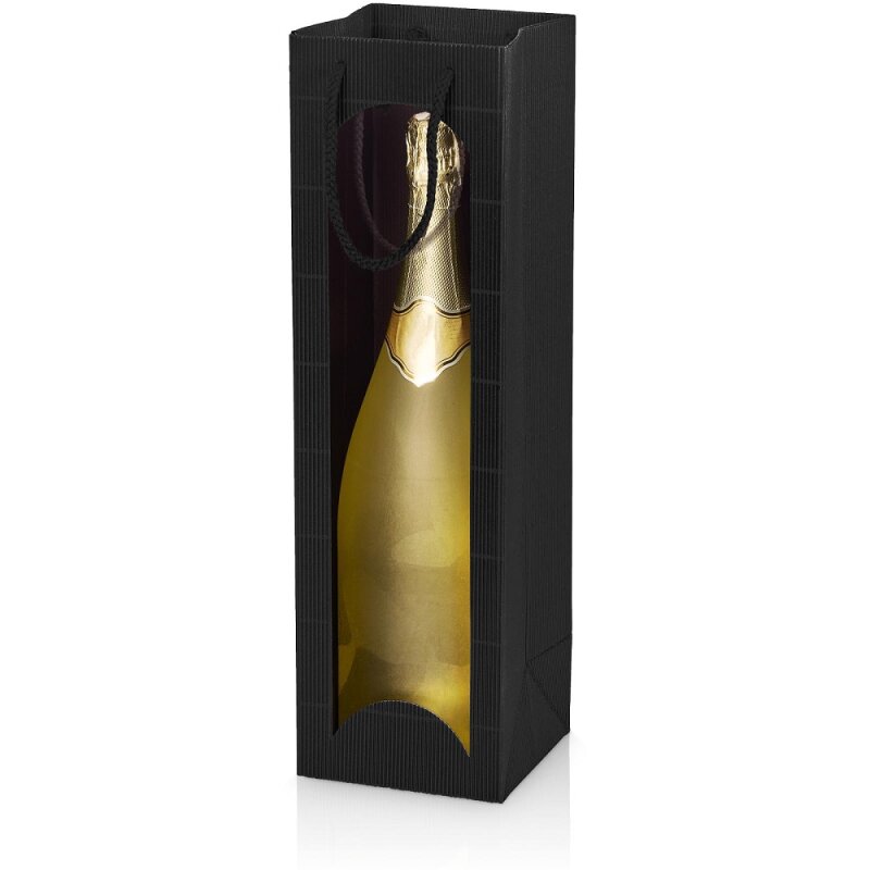 10 x Tragetasche 'Offene Welle Schwarz' Magnum Sekt mit Fenster