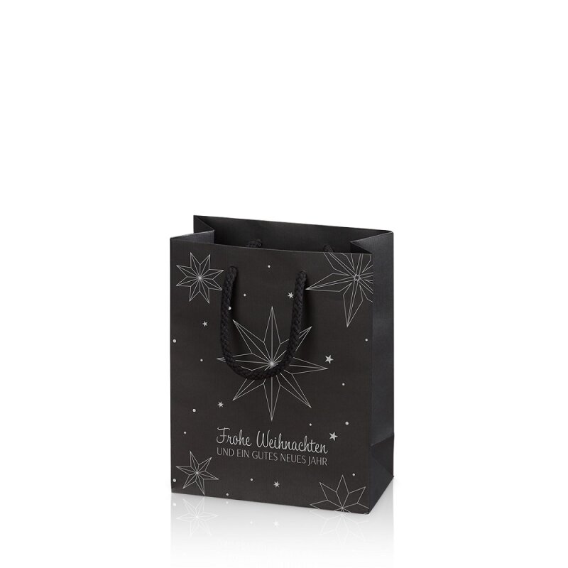 20 x Tragetasche 'Linea Weihnachtssterne Schwarz' -S-, Strukturp. mit Silbe