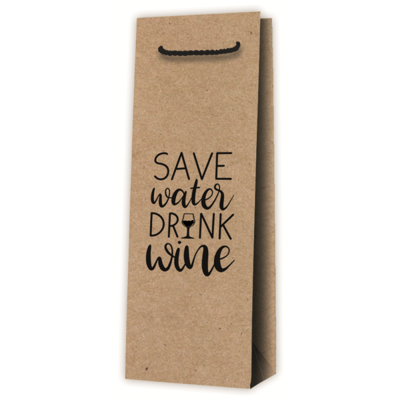 10 x Tragetasche aus Kraftpapier 'Save Water Drink Wine' Natur für 1 Flasc