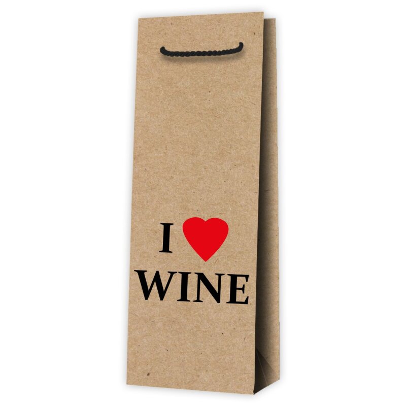 10 x Tragetasche aus Kraftpapier 'I love wine' Natur für 1 Flasche 125 x 8