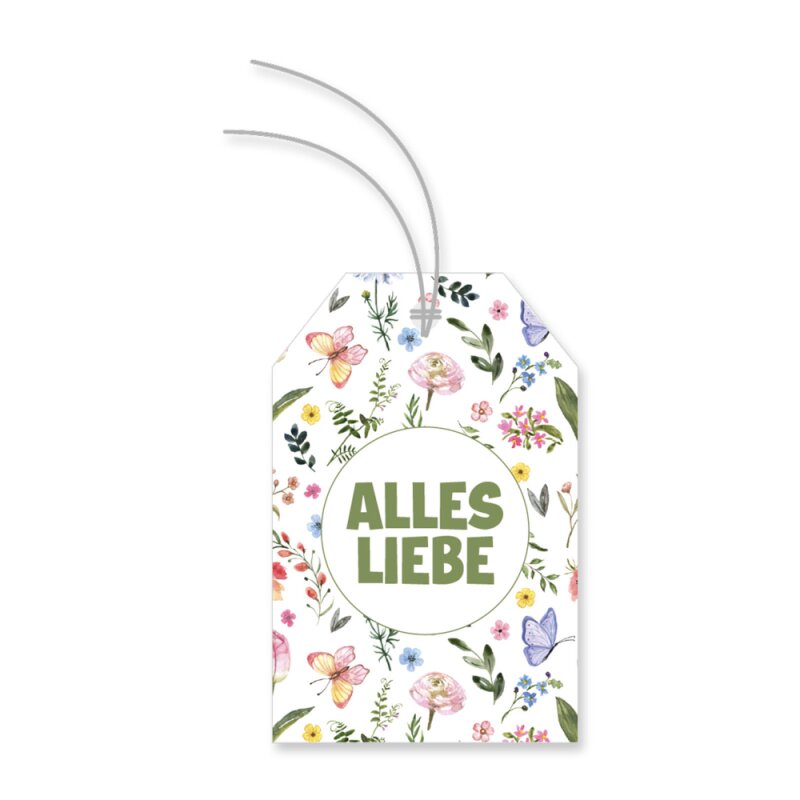 12 x Geschenkanhänger mit Band 'Blumen - alles Liebe' 80 x 52 mm