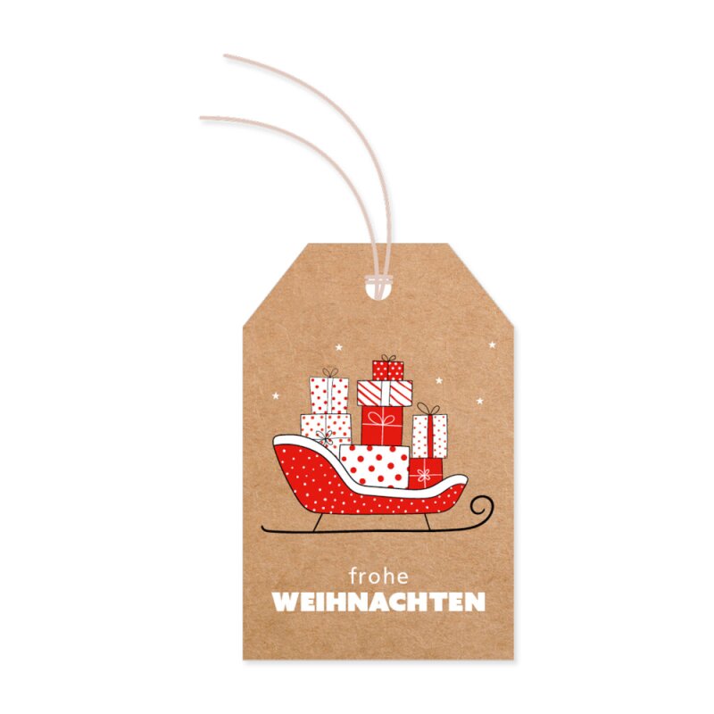 12 x Papieranhänger 'Schlitten' Label mit Schnur, 80x52mm