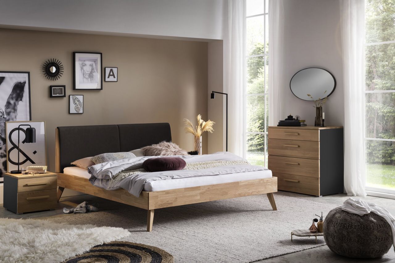 Simone Trento 16, 140 x 200 cm  Kernbuche natur, geölt Stoff Pepe Grey 335 25 cm