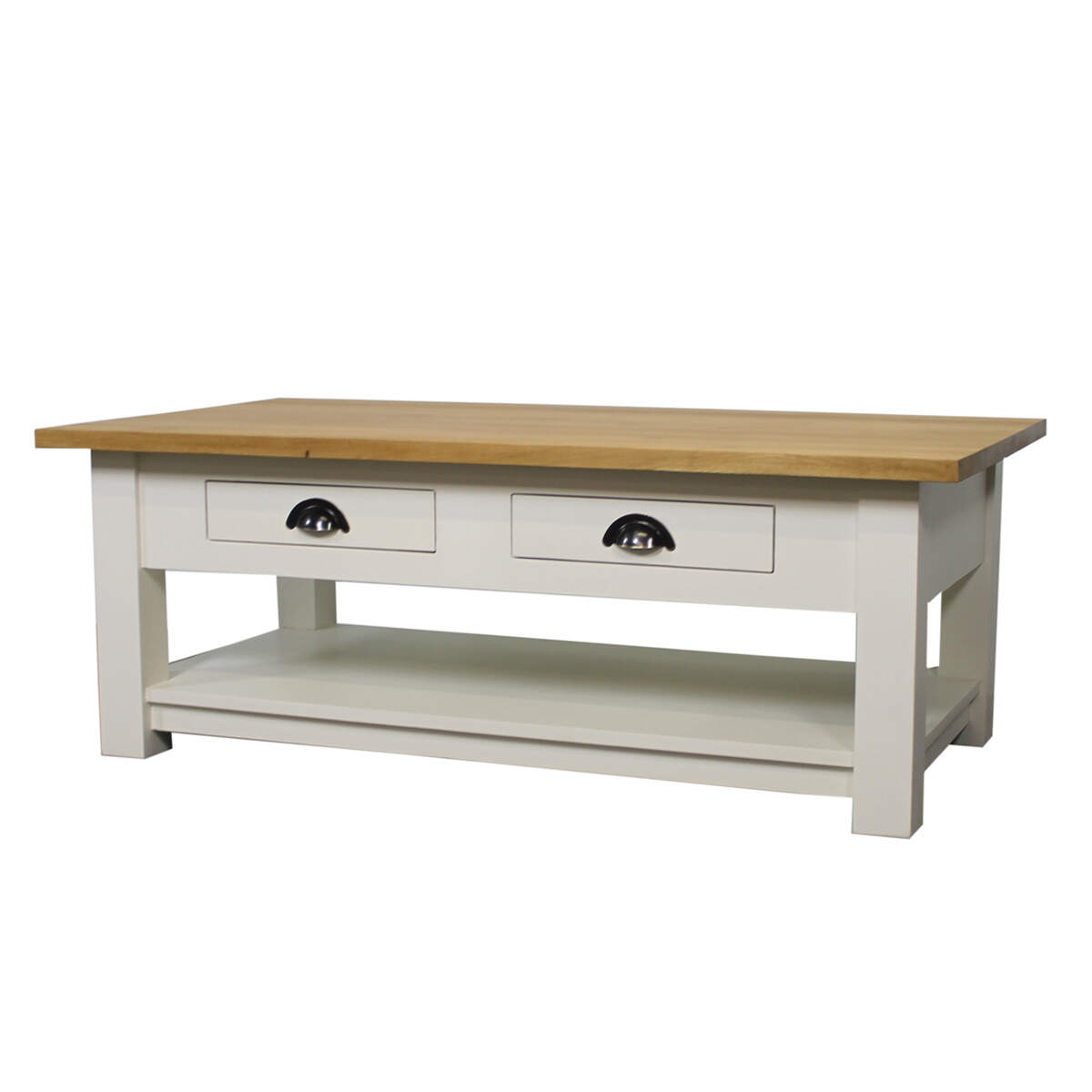 Landhaus Couchtisch weiß mit Eichenplatte Massivholz