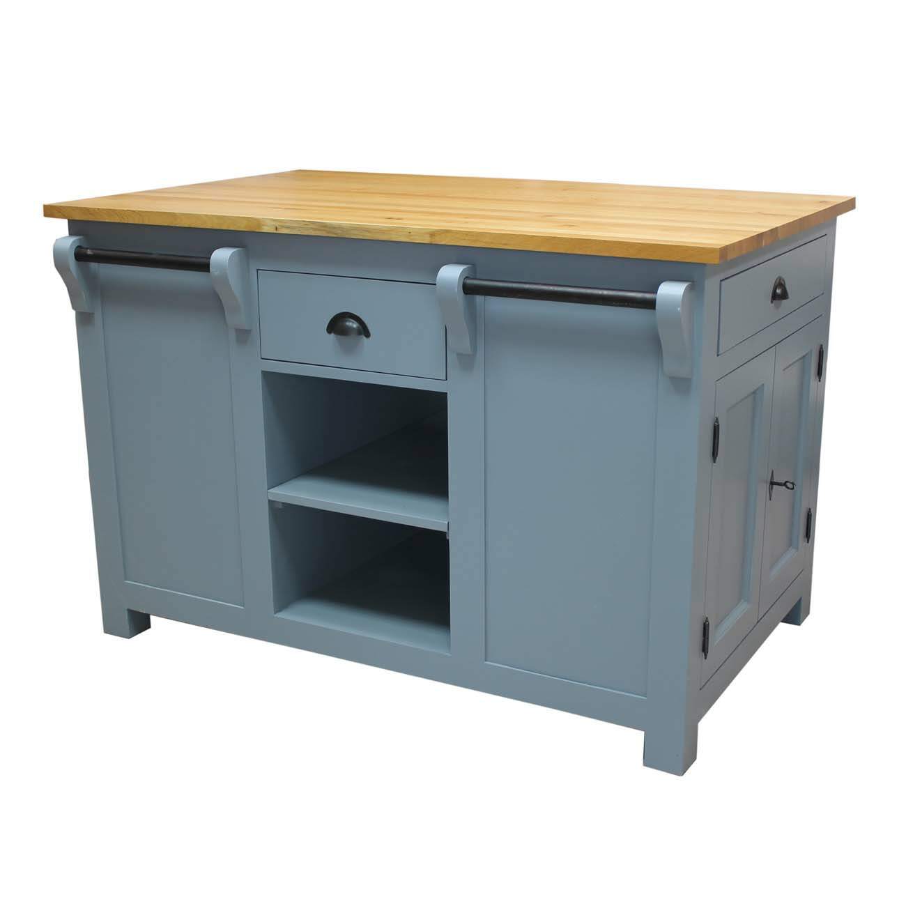 Landhaus Kücheninsel fehgrau mit Eichenplatte