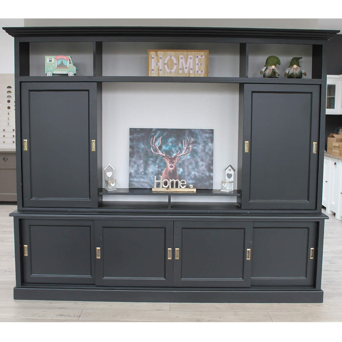 Rustikale Wohnwand schwarz Massivholz