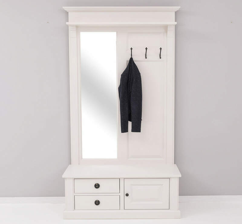Massivholz Landhaus Garderobe mit Spiegel cremeweiß