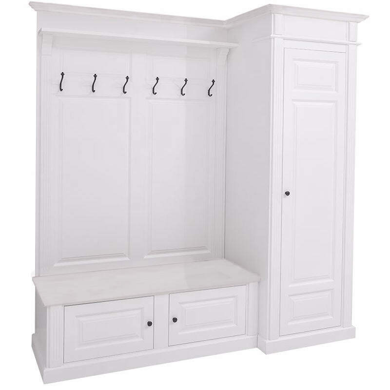 Große Landhaus Garderobe mit Schrank rechts, weiß lackiert