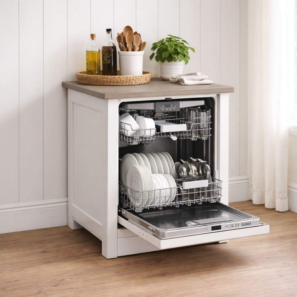 Geschirrspüler Küchenmodul Landhausstil altweiß, gebürstete Platte