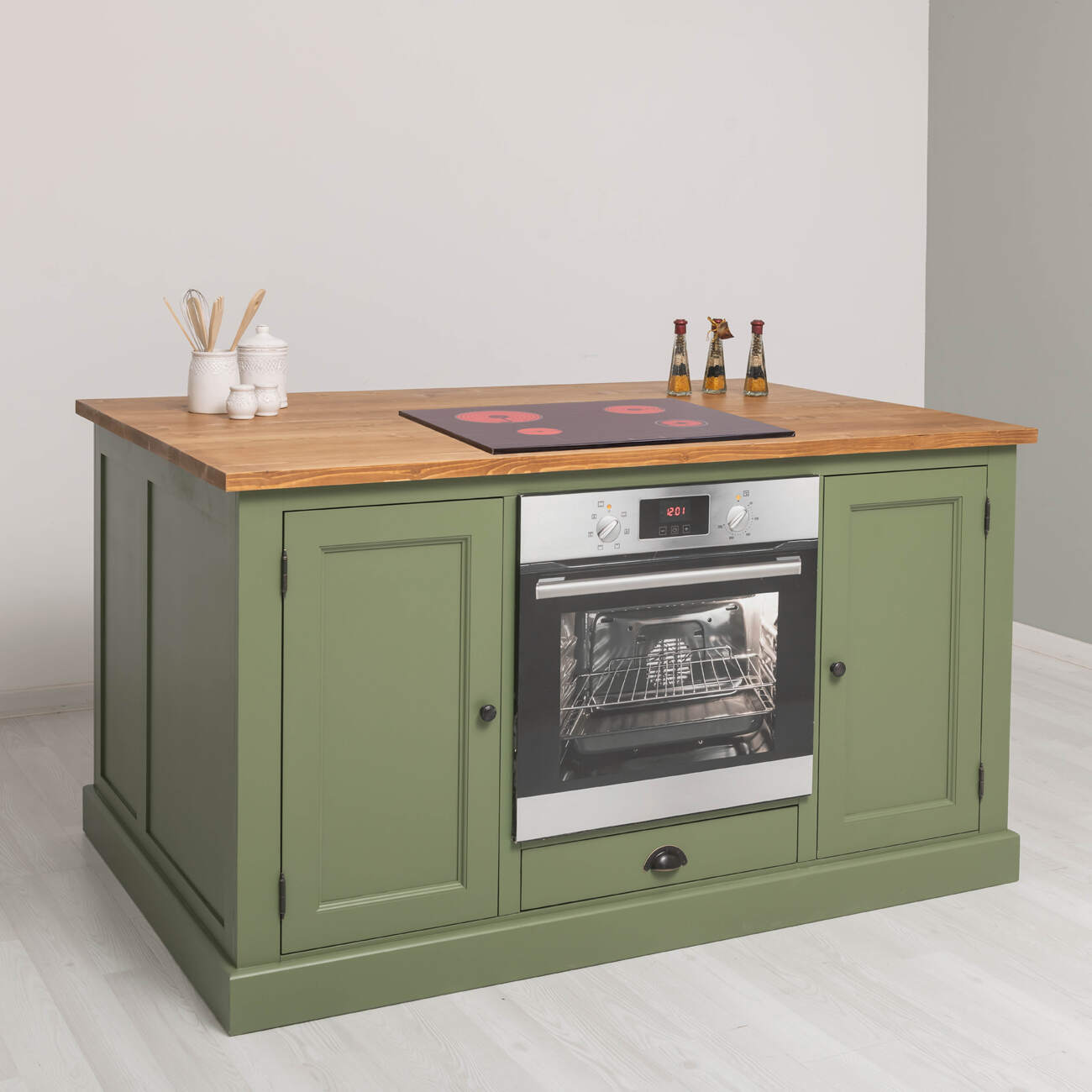 Landhaus Massivholz Kücheninsel für Kochfeld und Backofen - Eichenplatte natur (unlackiert)