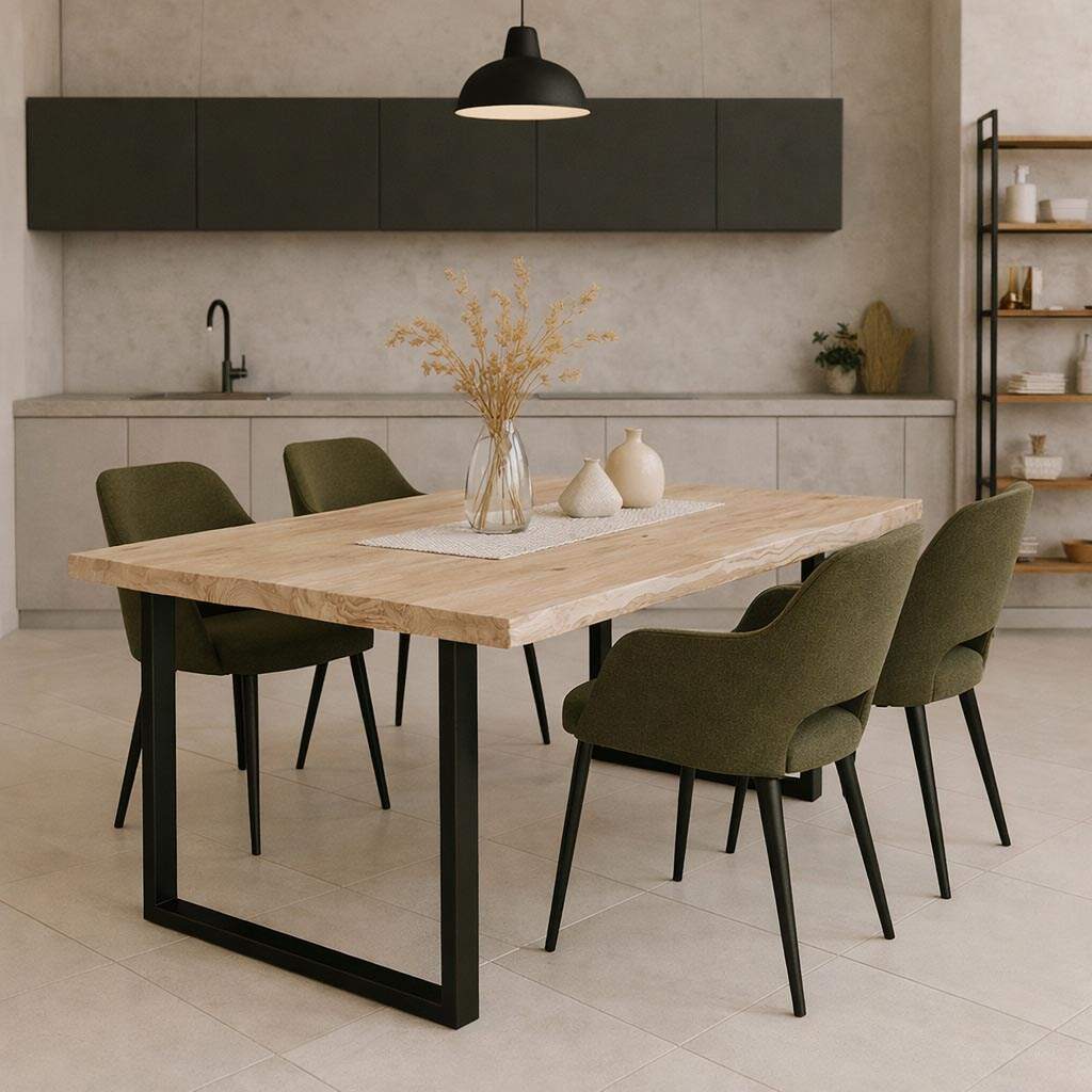 Essgruppe 5-teilig Esstisch Baumkante 220x100 White Wash mit 4 Stühlen