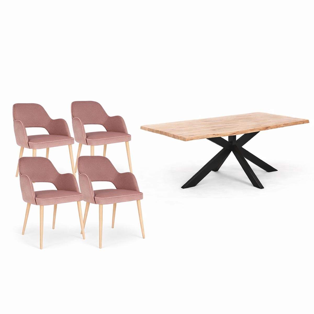 Essgruppe Blush 5-teilig Esstisch Baumkante 220x100 White Wash mit 4 Stühlen