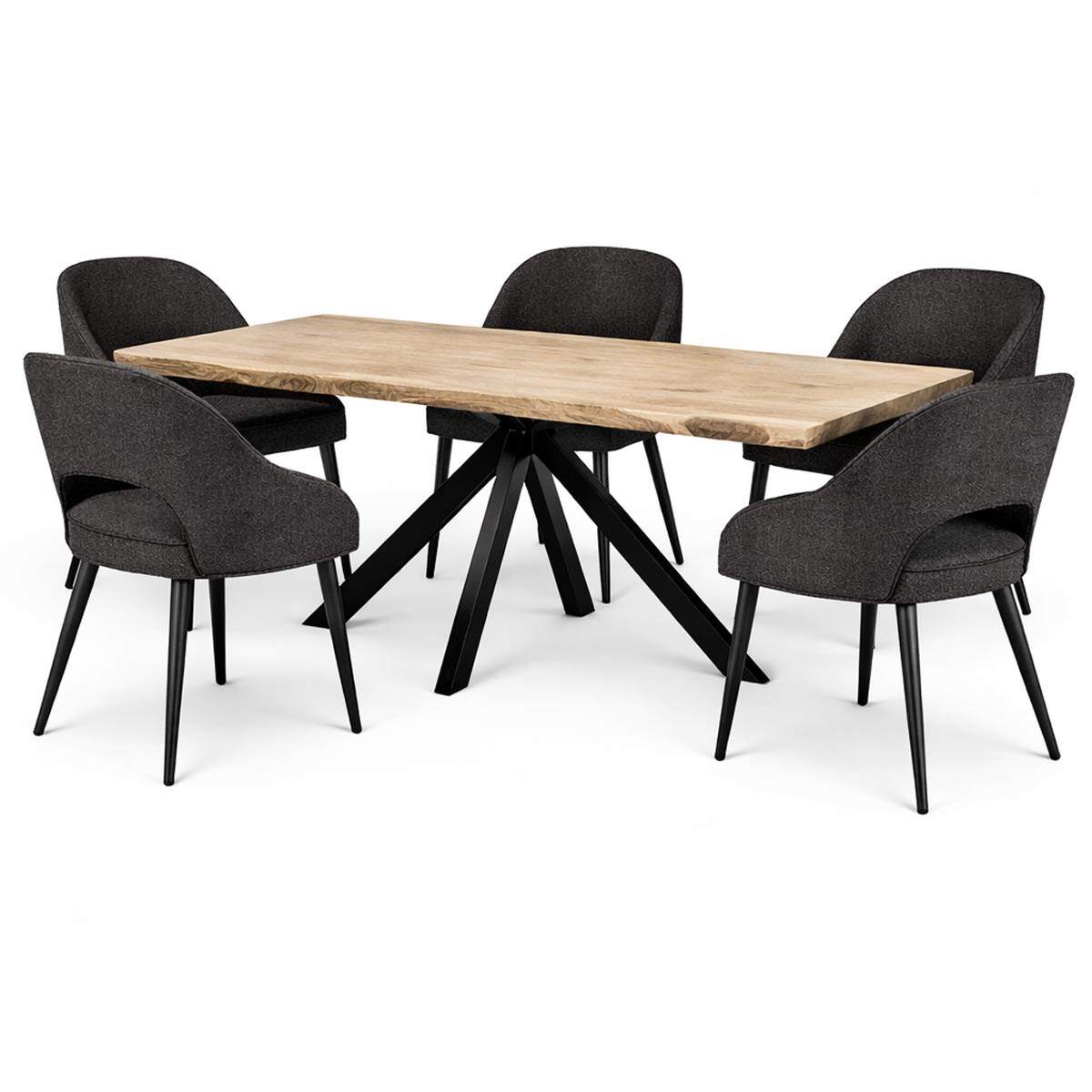 Essgruppe 5-teilig Wildeiche Esstisch Baumkante 180x90 White Wash mit 4 Stühlen schwarz-grau