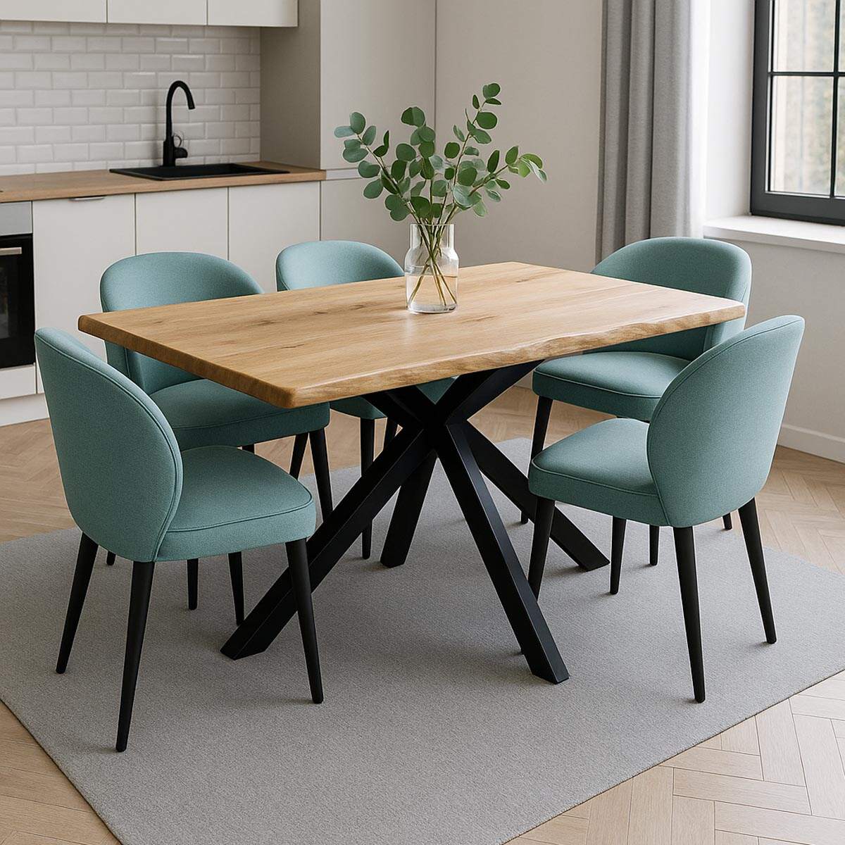 Essgruppe 5-teilig Esstisch Baumkante 140x90 Eiche mit 4 Stühlen pastellblau