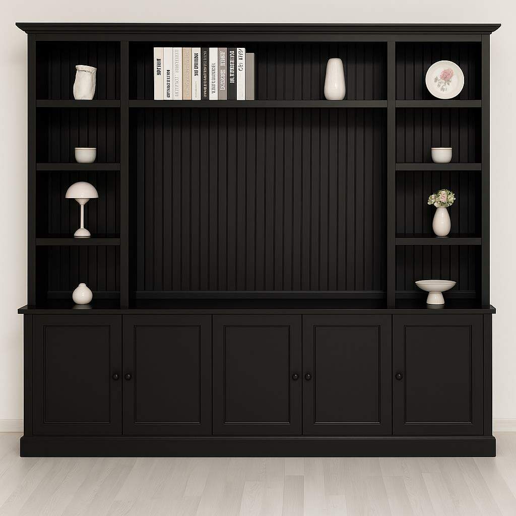 TV-Wohnwand mit Latten-Look in schwarz