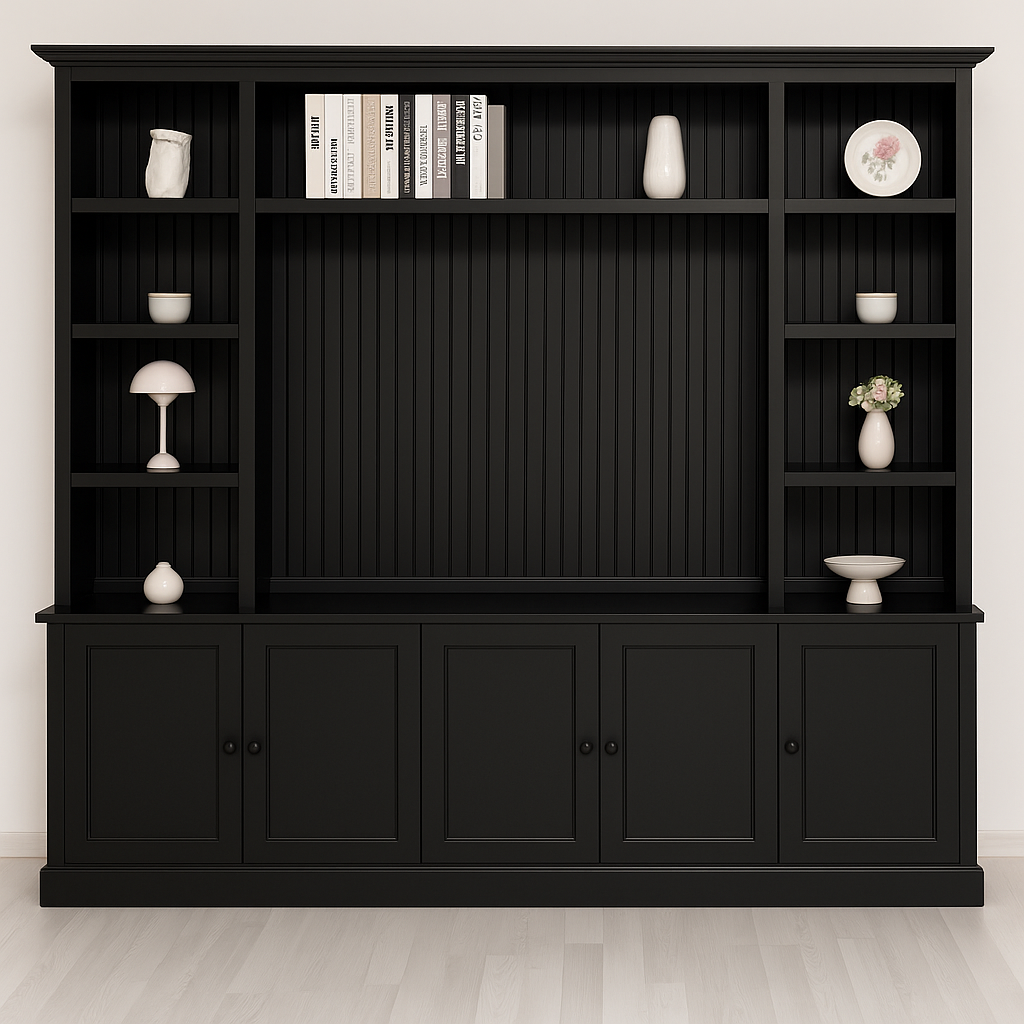 TV-Wohnwand mit Latten-Look in schwarz