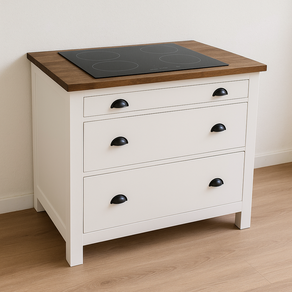 Landhausstil Küchenmodul für Kochfeld, drei Schubladen - Eichenplatte natur (unlackiert)