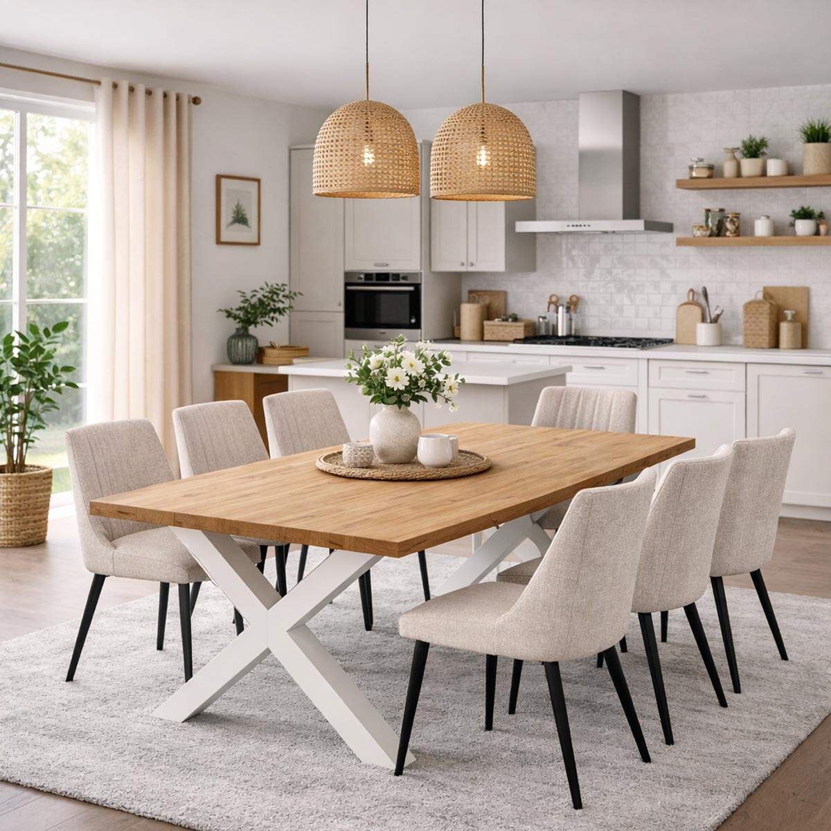 exklusiver Tisch für Gastronomie, Wildeiche gerade Kante 220x100cm - X-Füße in weiß