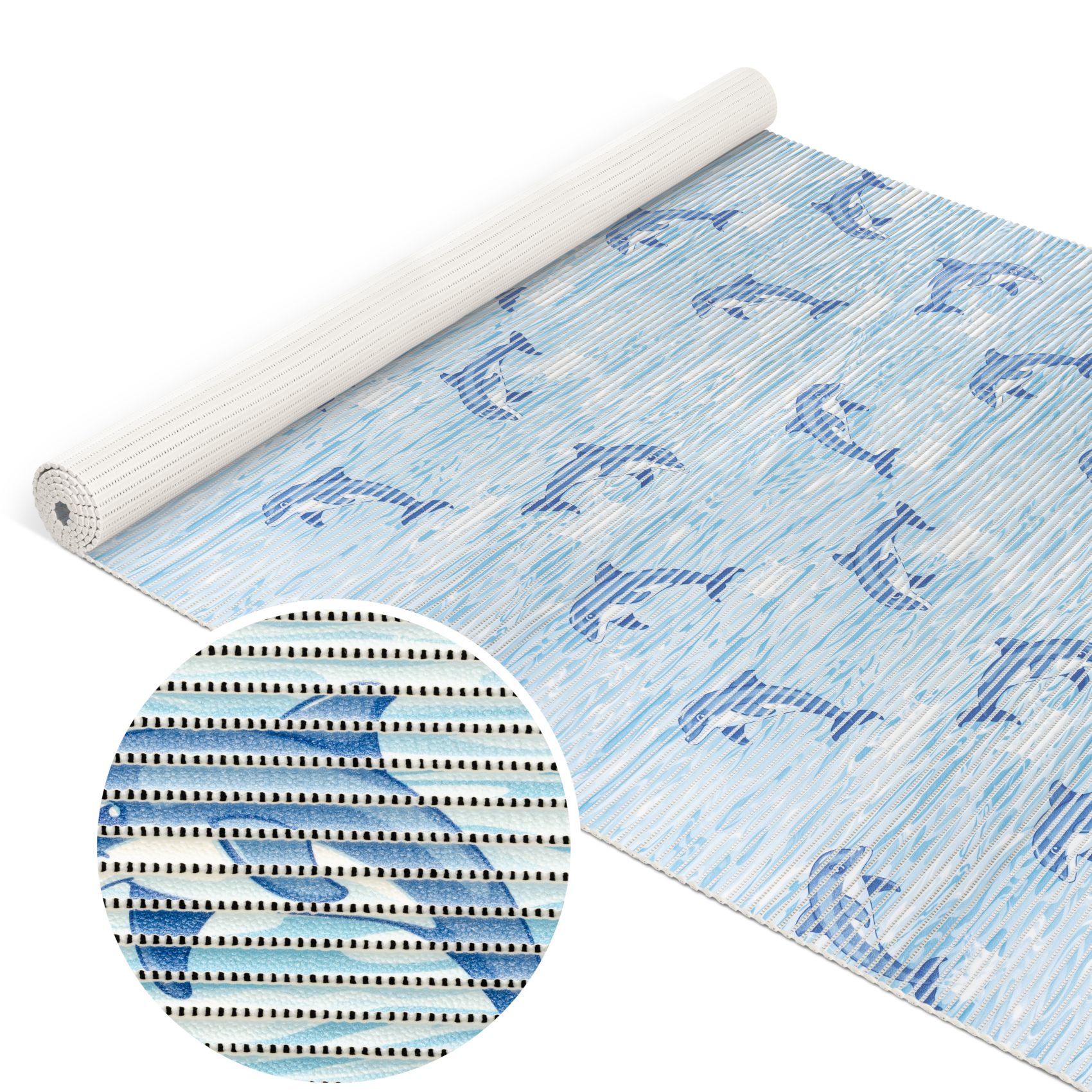 Badematte aus Meterware Delfine Maritim Blau Breite 130cm Weichschaummatte Badvorleger 90cm