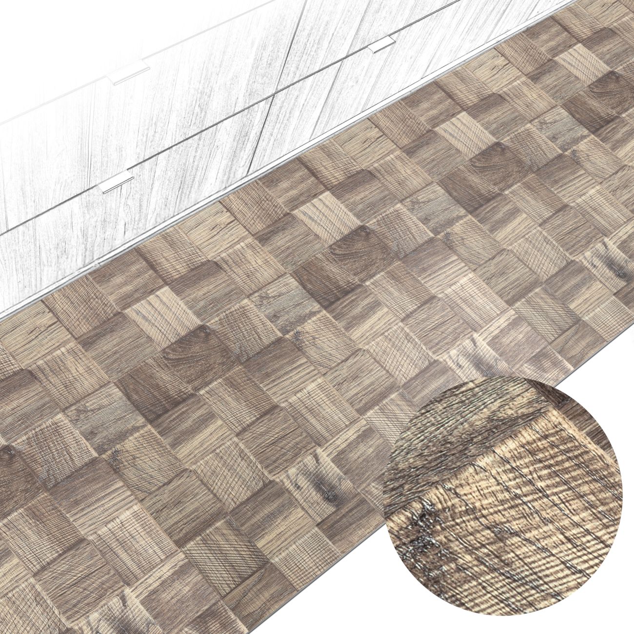 Küchenteppich Küchenläufer abwaschbar Teppichläufer Küche rutschfest Flur Läufer pflegeleicht Patchwork Holz Graubeige Breite 67cm 100 x 67 cm