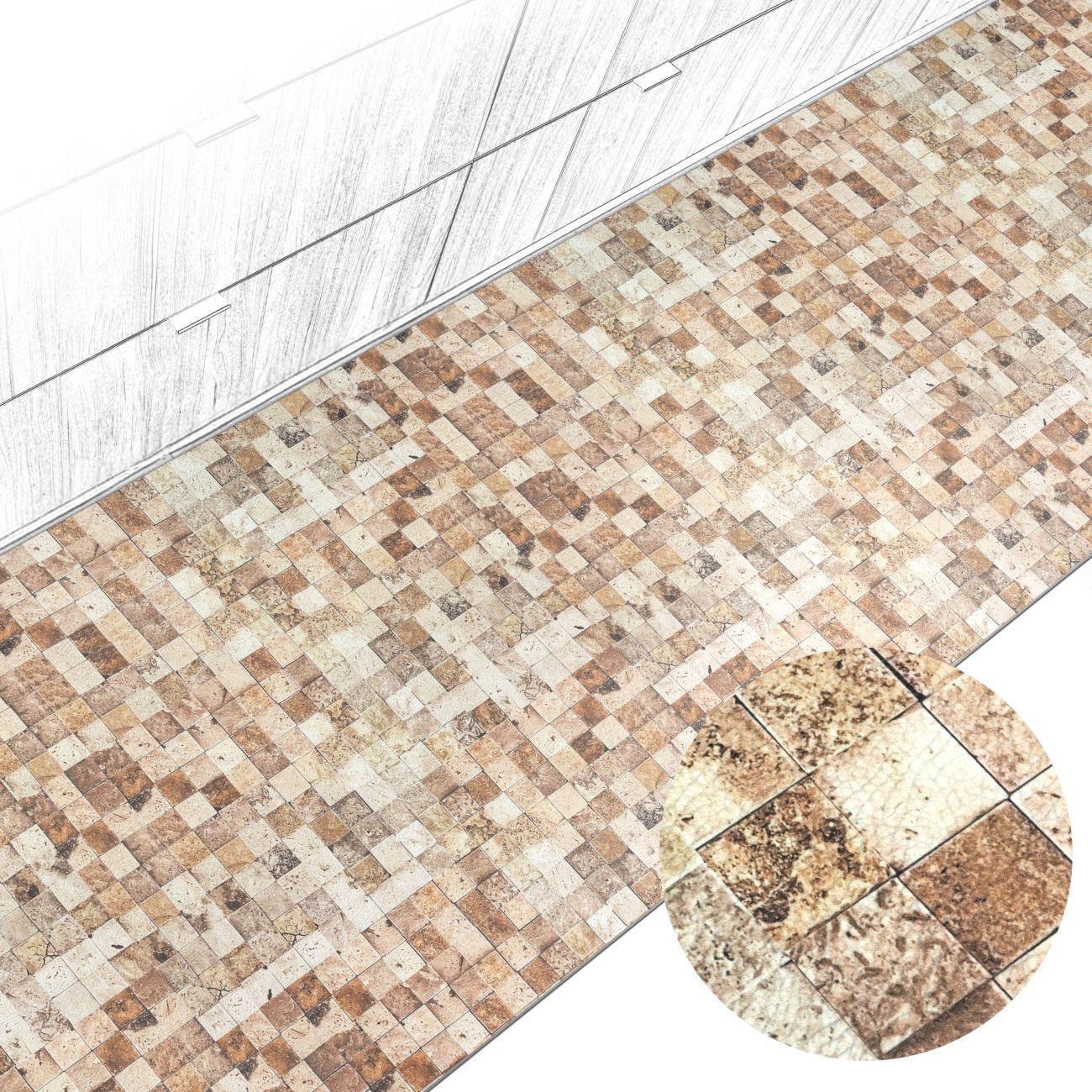 Küchenteppich Küchenläufer abwaschbar Teppichläufer Küche rutschfest Flur Läufer pflegeleicht Travertin-Mosaik Breite 67cm 100 x 67 cm