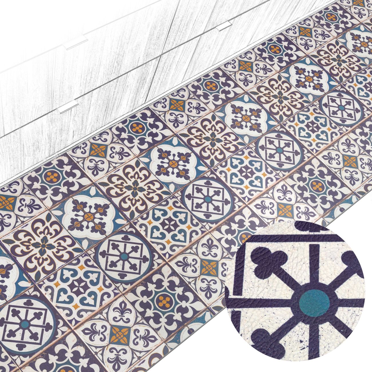 Küchenteppich Küchenläufer abwaschbar Teppichläufer Küche rutschfest Flur Läufer pflegeleicht Blaue Fliesen Breite 67cm 100 x 67 cm