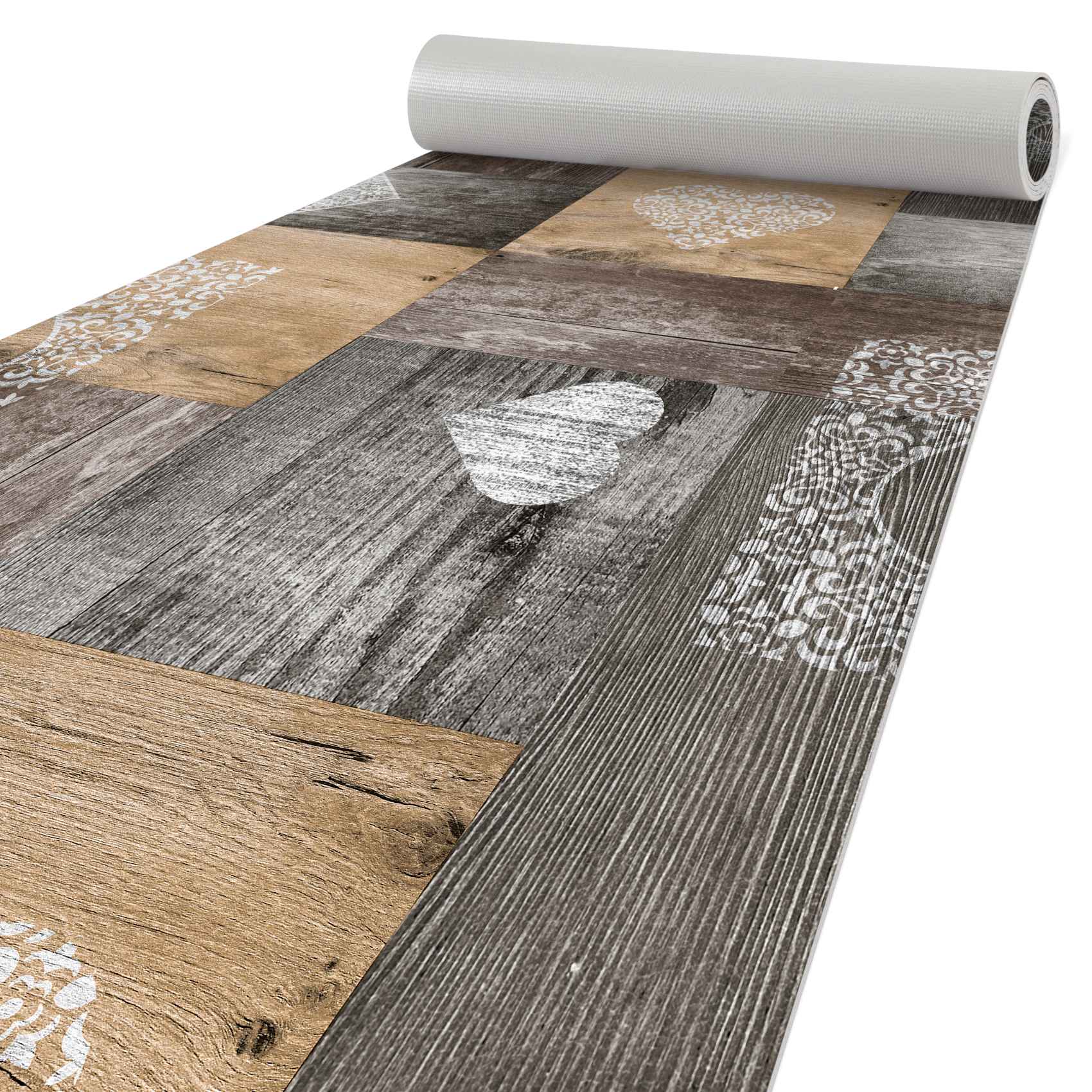 Küchenläufer PVC rutschfest abwaschbar Rustikal Holz Herz Liebe Braun 50x75cm