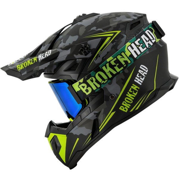 Broken Head Crosshelm Squadron Grau + MX-Brille Regulator Grün Vers...