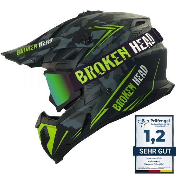Broken Head Crosshelm Squadron Rebelution Grau-Grün + MX-2 Brille S...