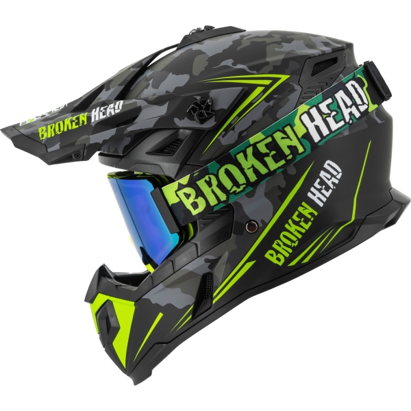 Broken Head Crosshelm Squadron Grau + MX-Brille Regulator Grün Vers...