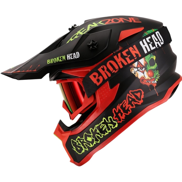 Broken Head Dirthelm FreakZone Schwarz-Grün-Rot Set + MX-2 Brille