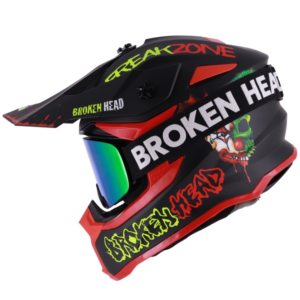 Broken Head Crosshelm FreakZone Schwarz-Rot-Grün+ MX-Brille Struggl...