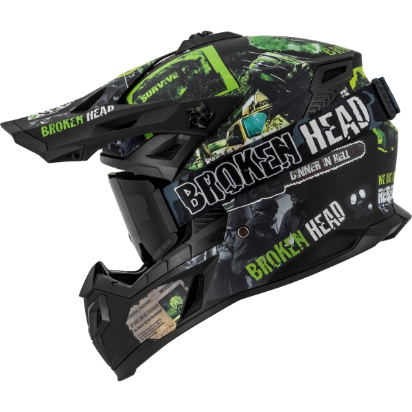 Broken Head Supermoto- & Motocross-Helm Resolution Grün + MX-Brille...