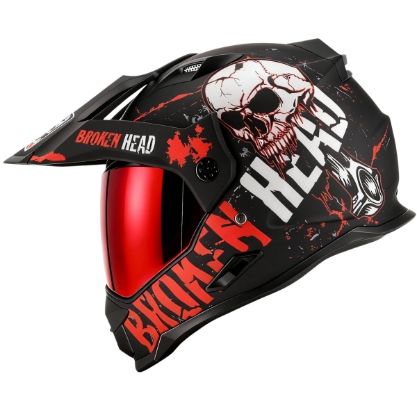 Broken Head Endurohelm Bone Crusher Rot + Rot Verspiegeltes Visier
