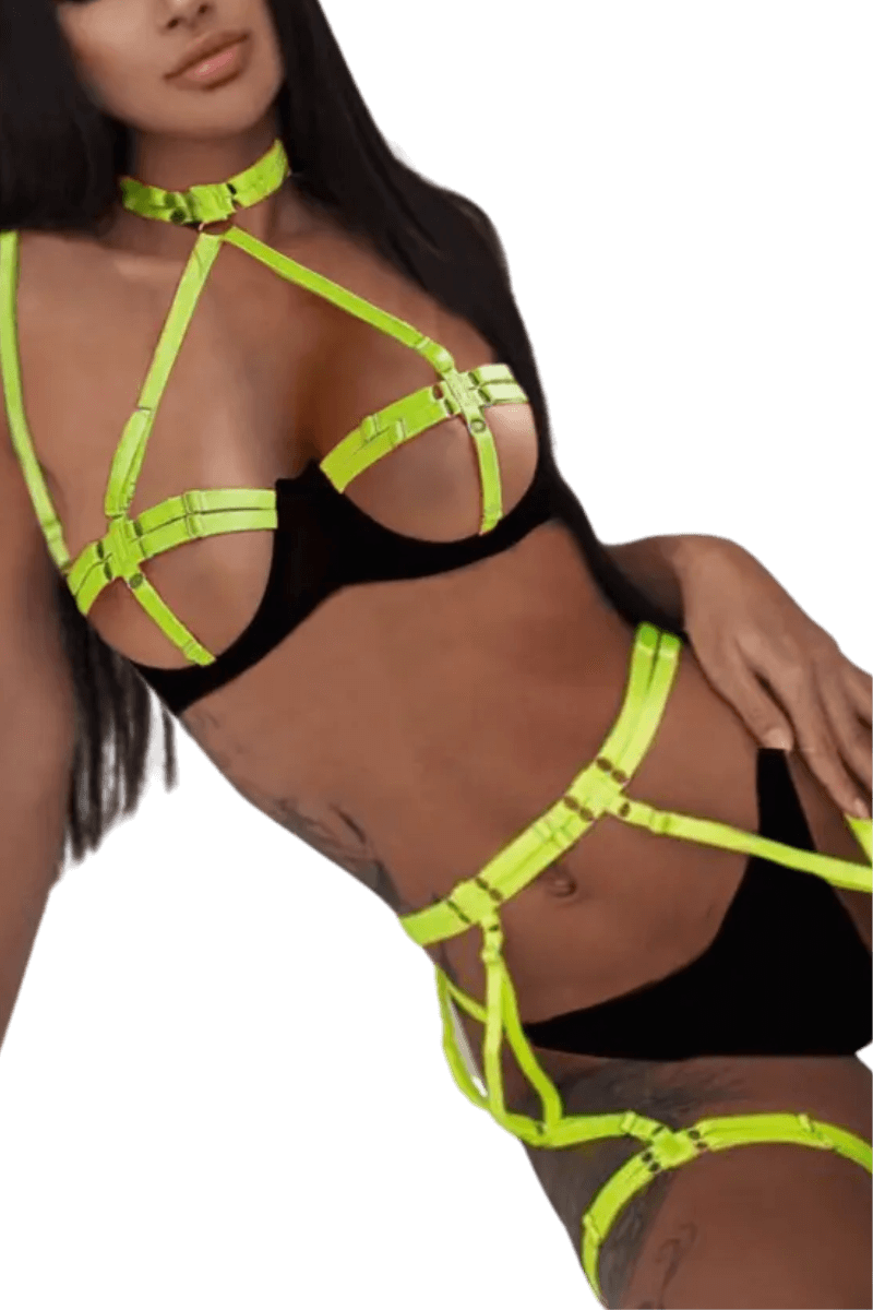 4tlg. Dessous Set mit Bändern - schwarz neongrün