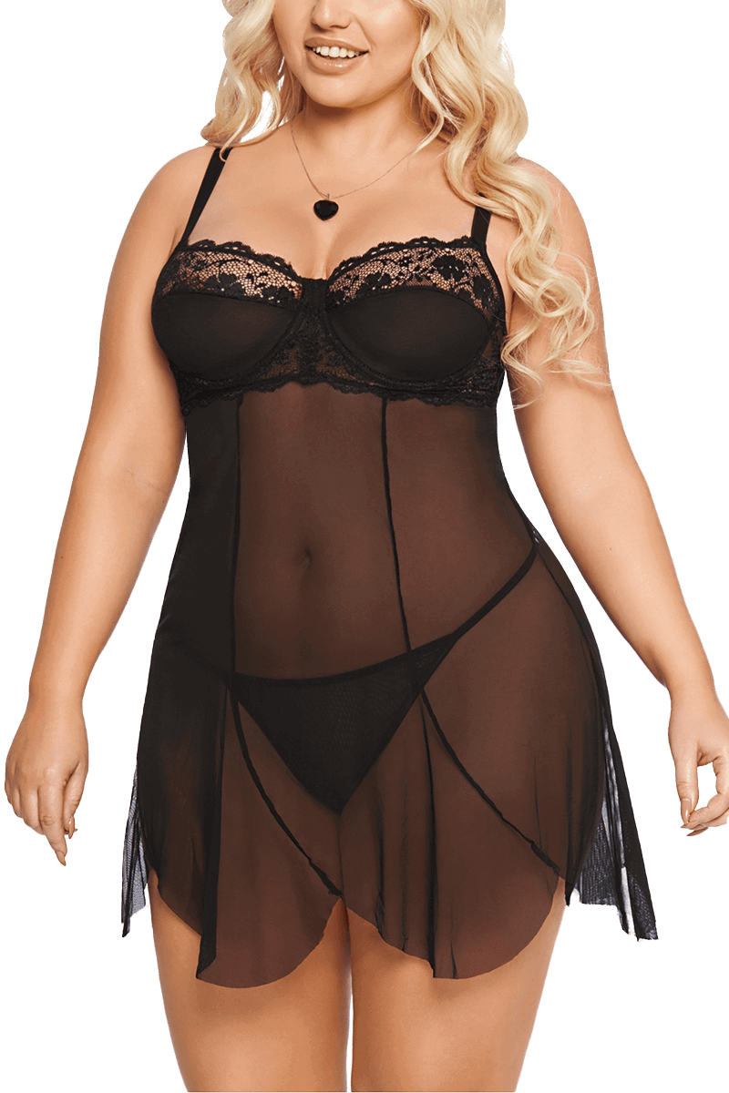 Schwarzes Babydoll aus Spitze und Tüll Plus Size