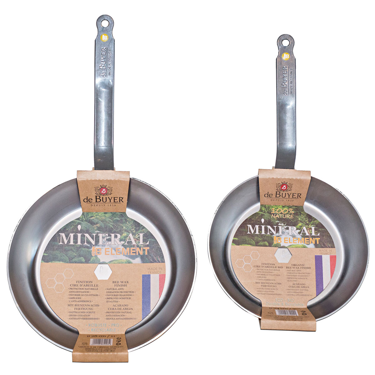 de Buyer Mineral B Pfannen-Set 2-teilig 28 cm / 24 cm - Eisen mit Bienenwachsbeschichtung - Bandstahlgriffe