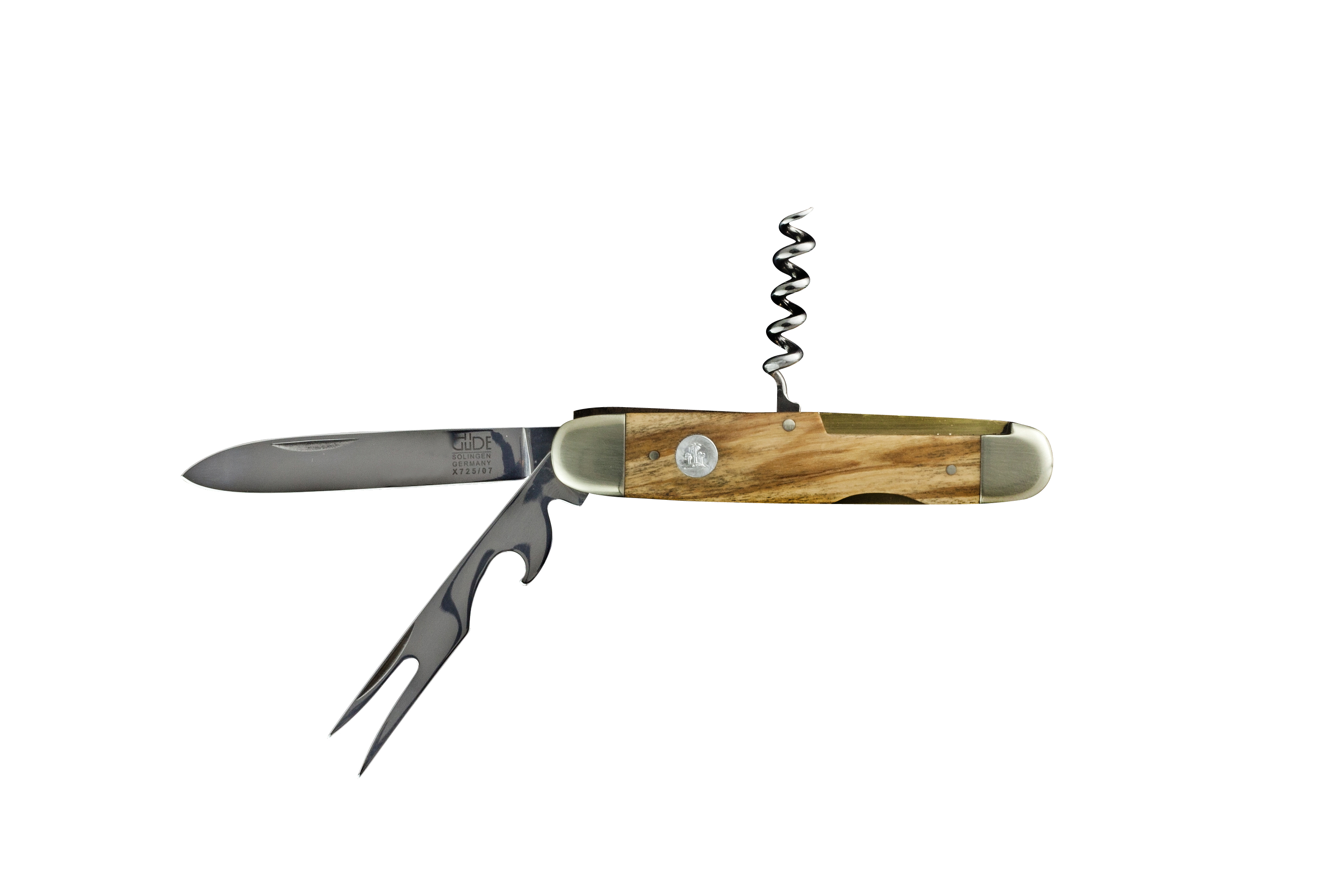 Güde Alpha Olive Taschenmesser 7 cm mit Pitchgabel - CVM-Messerstahl - Griffschalen Olivenholz
