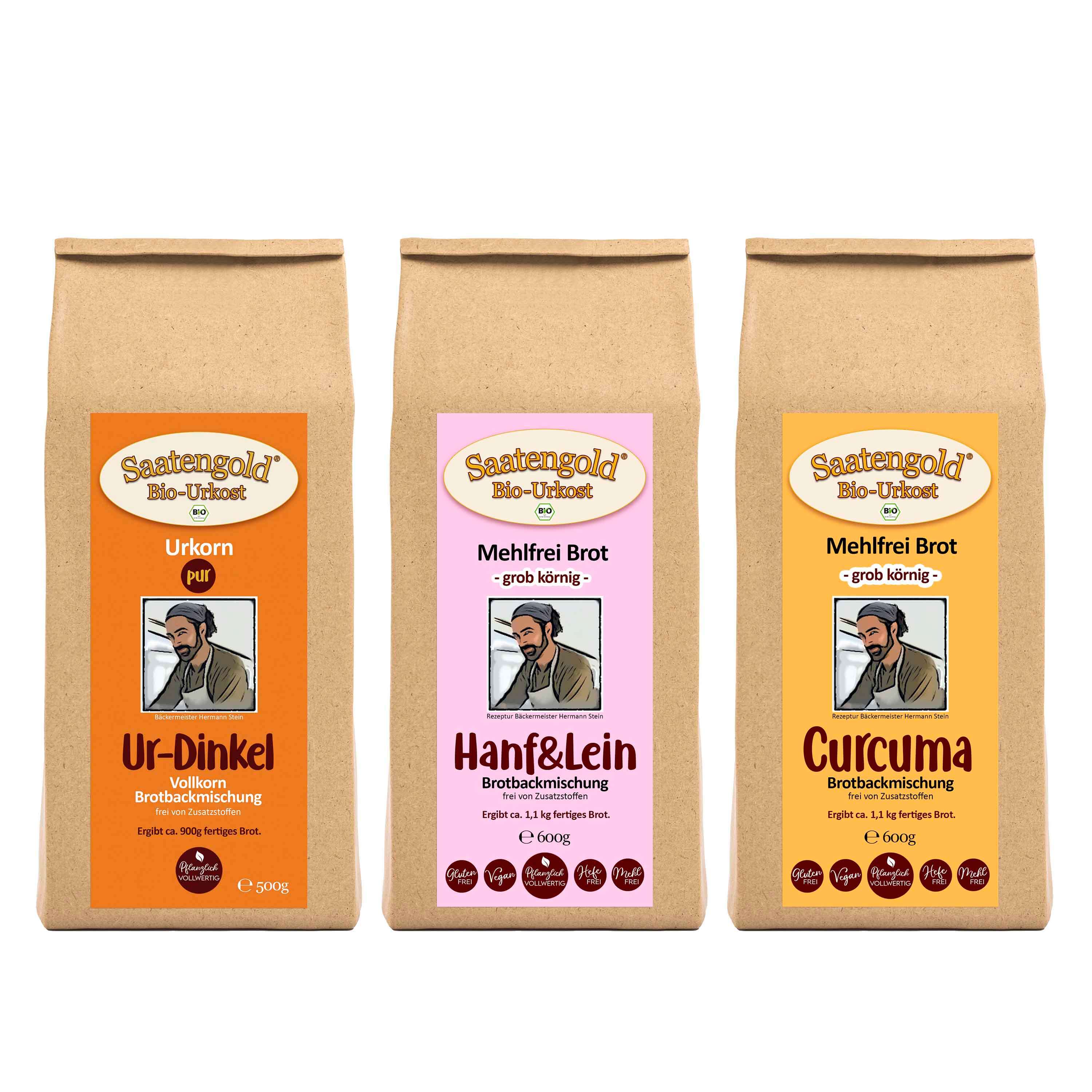 Mehlfreibrot Hanf & Lein / Curcuma / Ur-Dinkel Vollkorn Bio Brotbackmischung 3er...