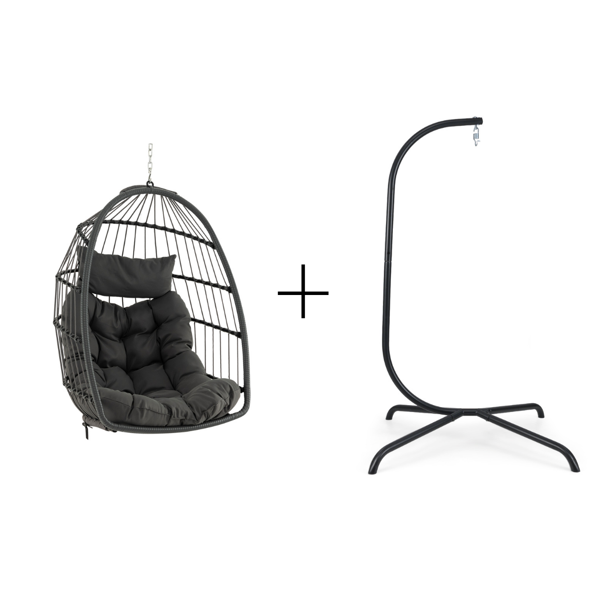 Hängesessel + Hängesesselgestell Set PE-Rattan Hängekorb Sessel Metall Gestell