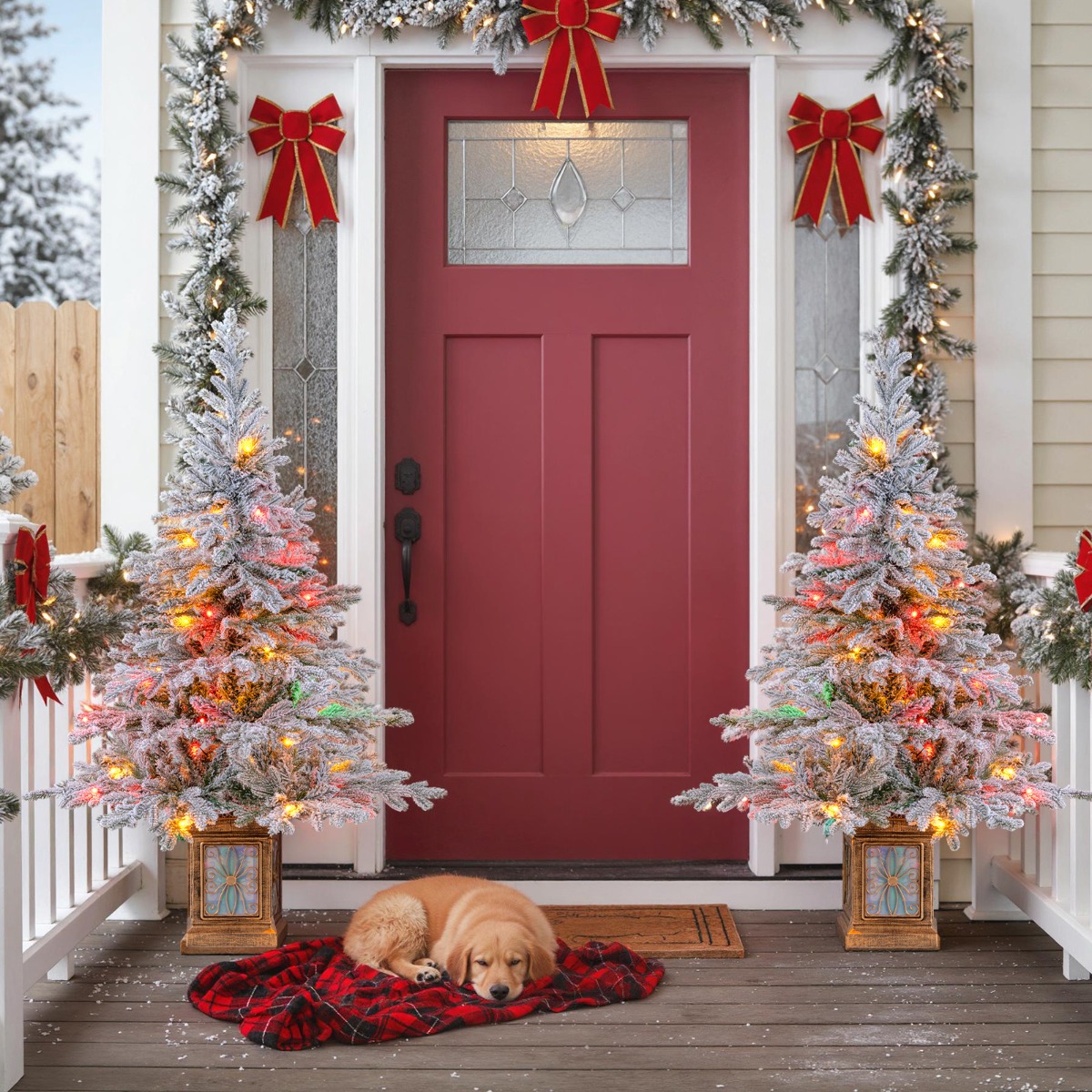 120 cm Künstlicher Weihnachtsbaum im Topf mit 100 Mehrfarbige & Warmweiße Dimmbare Lichter & Schnee