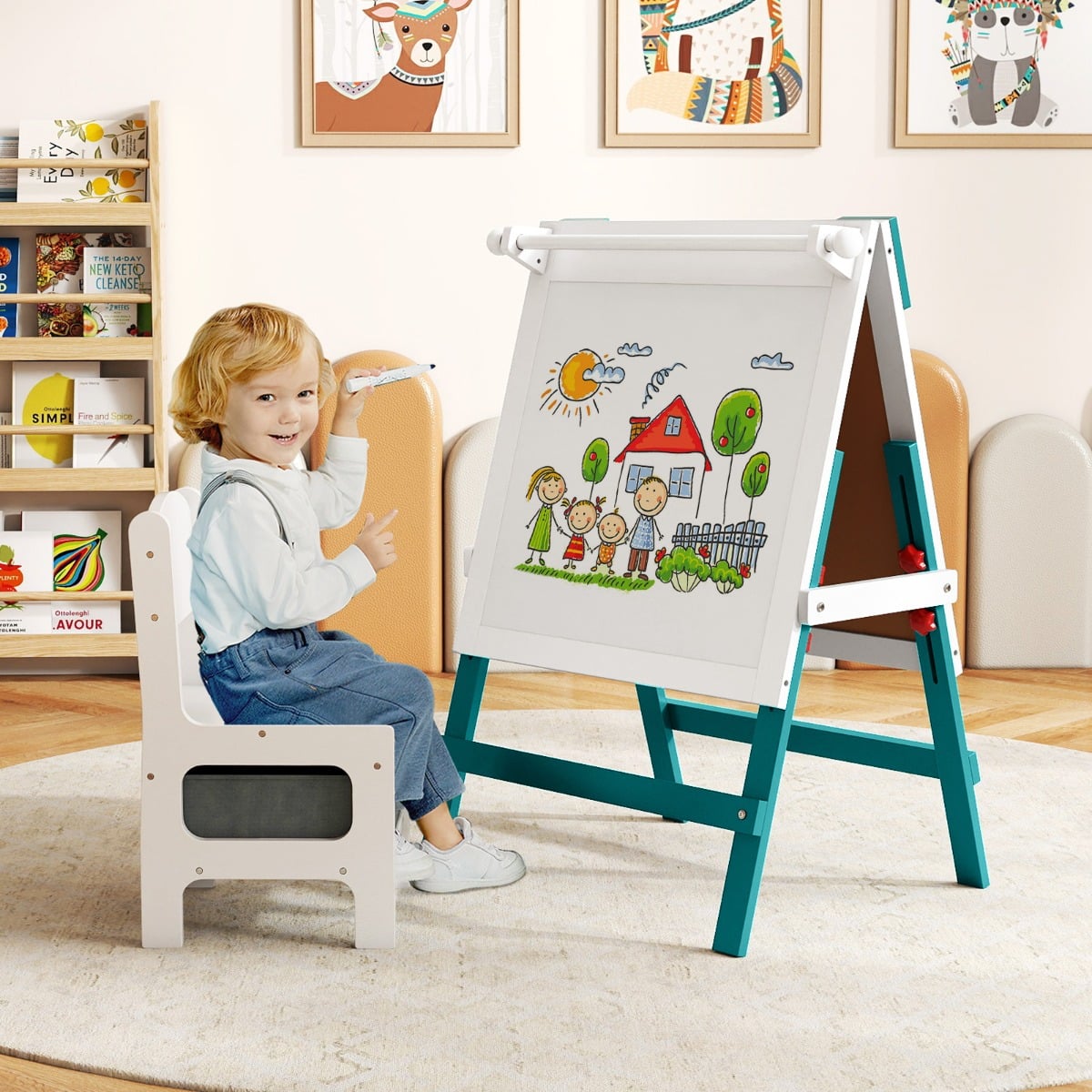 Kinder Staffelei mit Stuhl Höhenverstellbare Kindertafel mit Kreidetafel & Whiteboard Grün