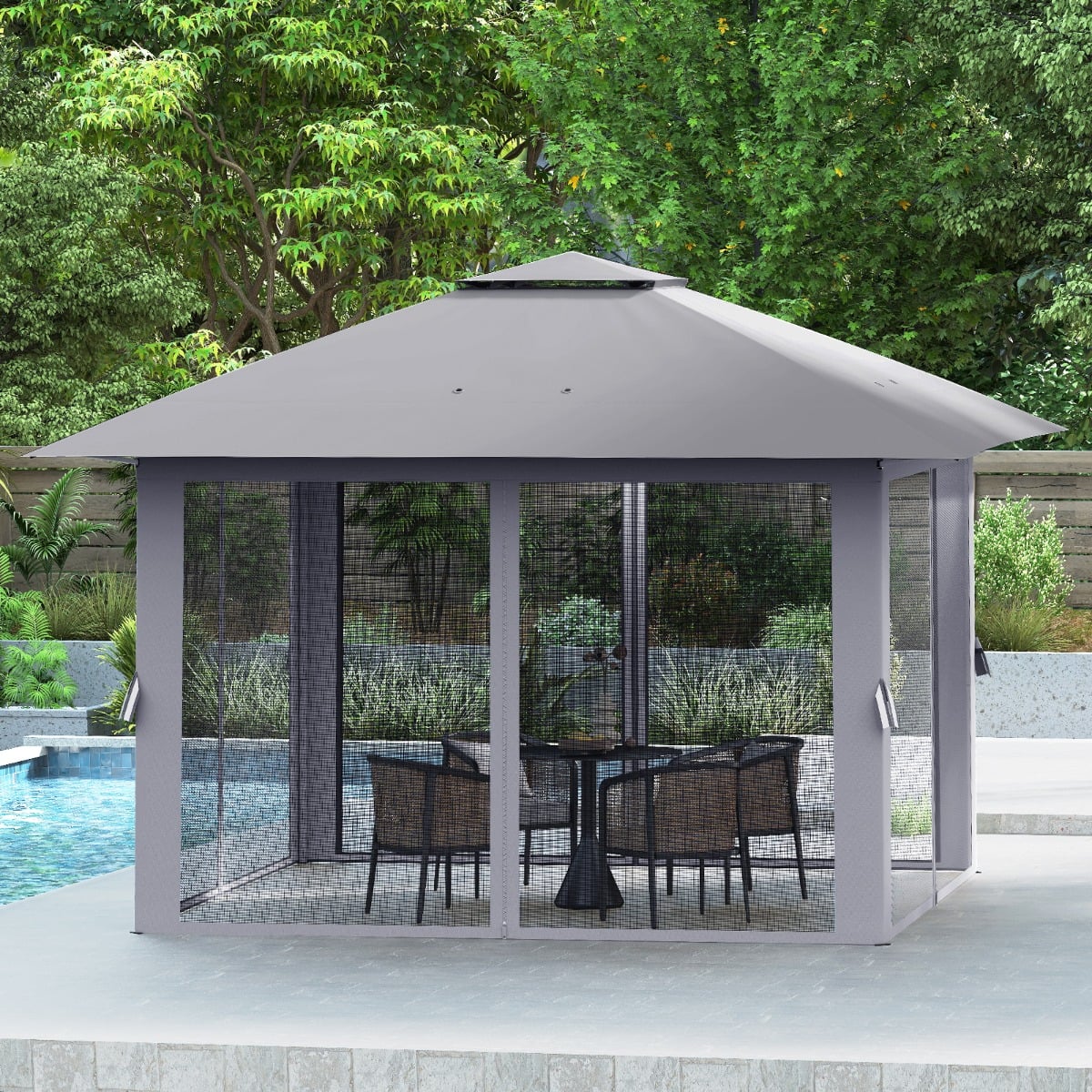 4 x 4 m Pop Up Faltpavillon mit 4 Moskitonetz & Doppeldach Gartenpavillon inkl. Tragetasche Grau