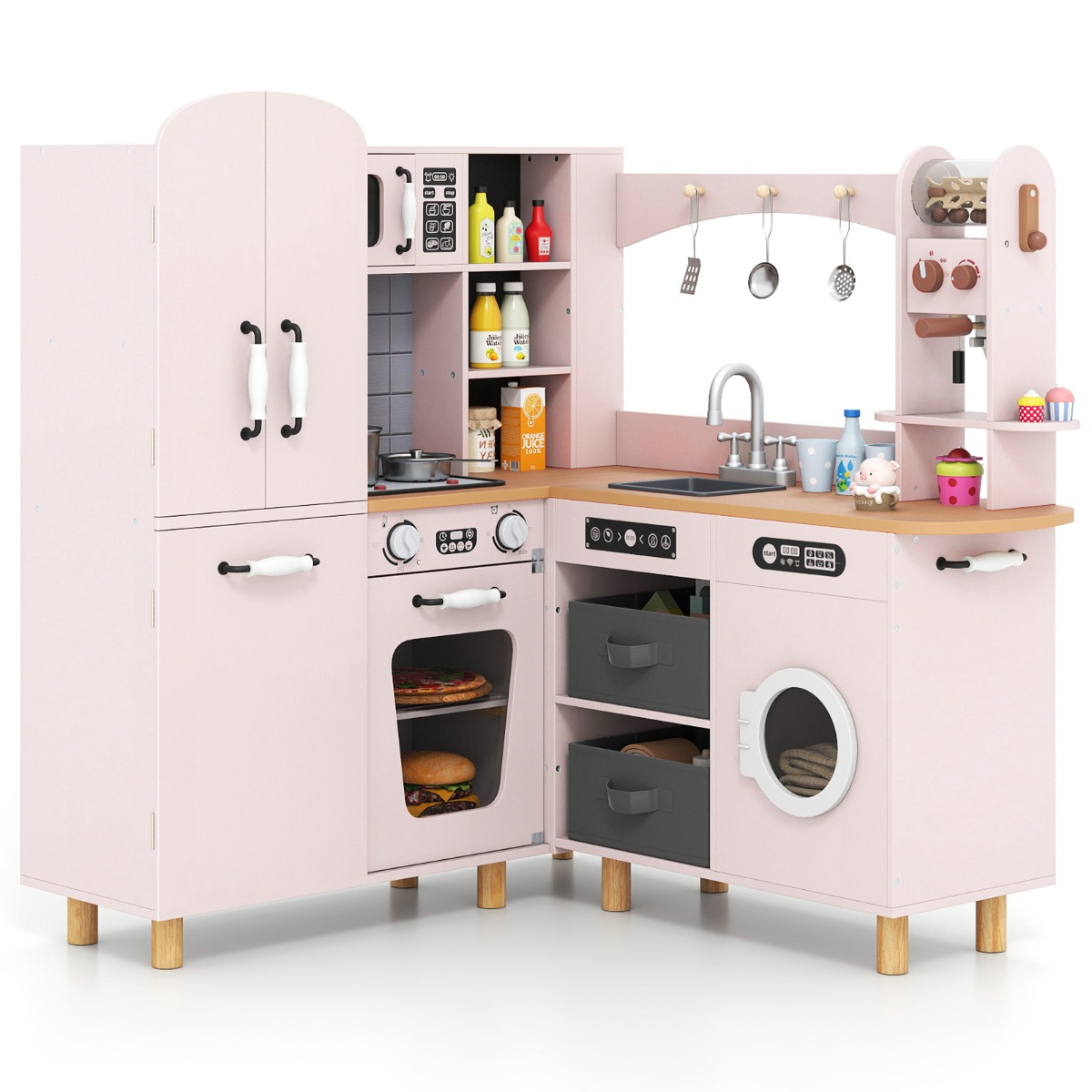 Kinder Eck Spielküche mit Doppeltür-Kühlschrank & Kaffeemaschine & Waschmaschine Holzküche Rosa