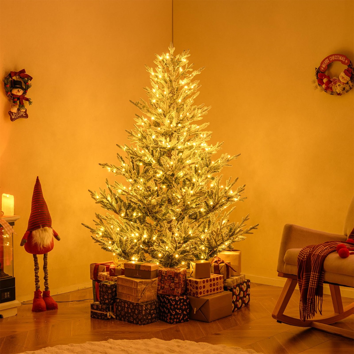 210 cm Künstlicher Weihnachtsbaum mit Beleuchtung & Schnee Tannenbaum Christbaum Kunstbaum